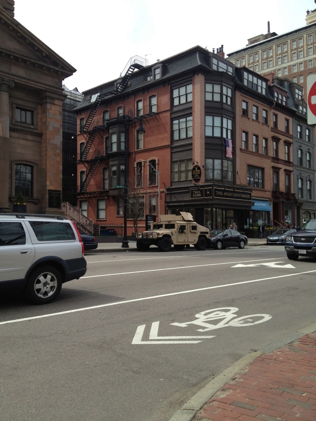 Military HumVee on Arlington Street in Boston after the Boston Marathon